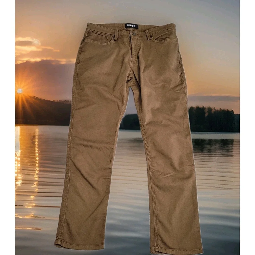 👖DU/ER DUER Pants Mens 34x32 Tan-Camel N2X Relaxed Taper Performance Stretch